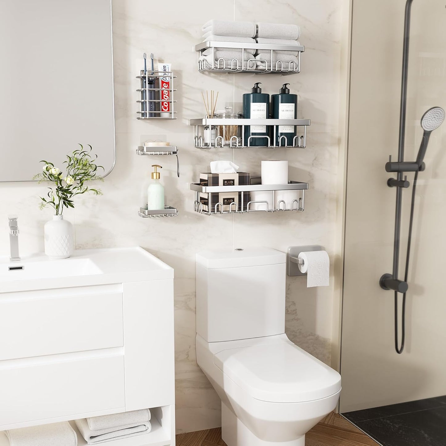 Veken Shower Caddy 6-Pack, Family Choice Award Winner, Large Wall Mounted Shower Rack, Bathroom Shelves Over Toilet, Organizer Storage Accessories with Soap Dish & Toothbrush Holder, Silver