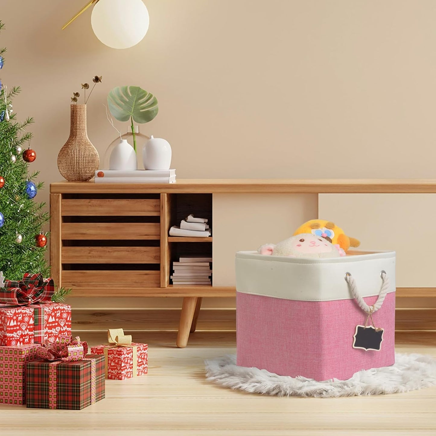 13 Inch Cube Storage Bins[6 Pack],Fabric Storage Cubes with Rope Handles, Eco-Friendly Linen Collapsible Organizers for Closet, Nursery, Toys, Office, Bathroom – Dual Color Design.(White&Pink)