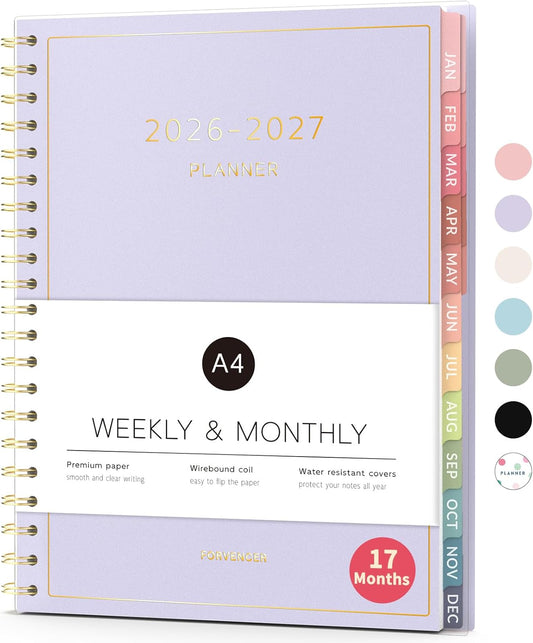Forvencer Planner 2026-2027, 17 Month Weekly and Monthly Calendar Planner, Jan 2026 -May 2027, 8.5" x 11", Daily Agenda Book with Tabs, College Organizer Notebook, School Supplies for Student Teacher Classroom, A4, Purple