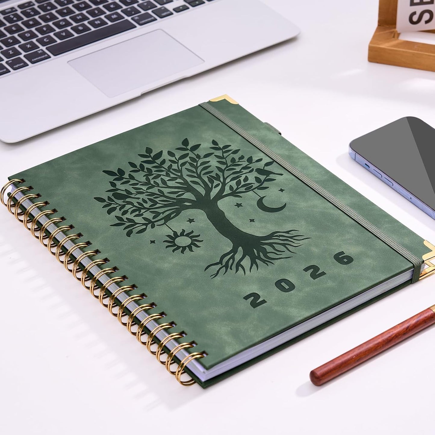 2026 Planner Weekly and Monthly Hardcover Leather Planner with Tabs 53 Weeks Schedule 8.5" x 11" Planners with Stickers for Women Yearly Agenda with Inner Pocket, Green(Tree of Life)