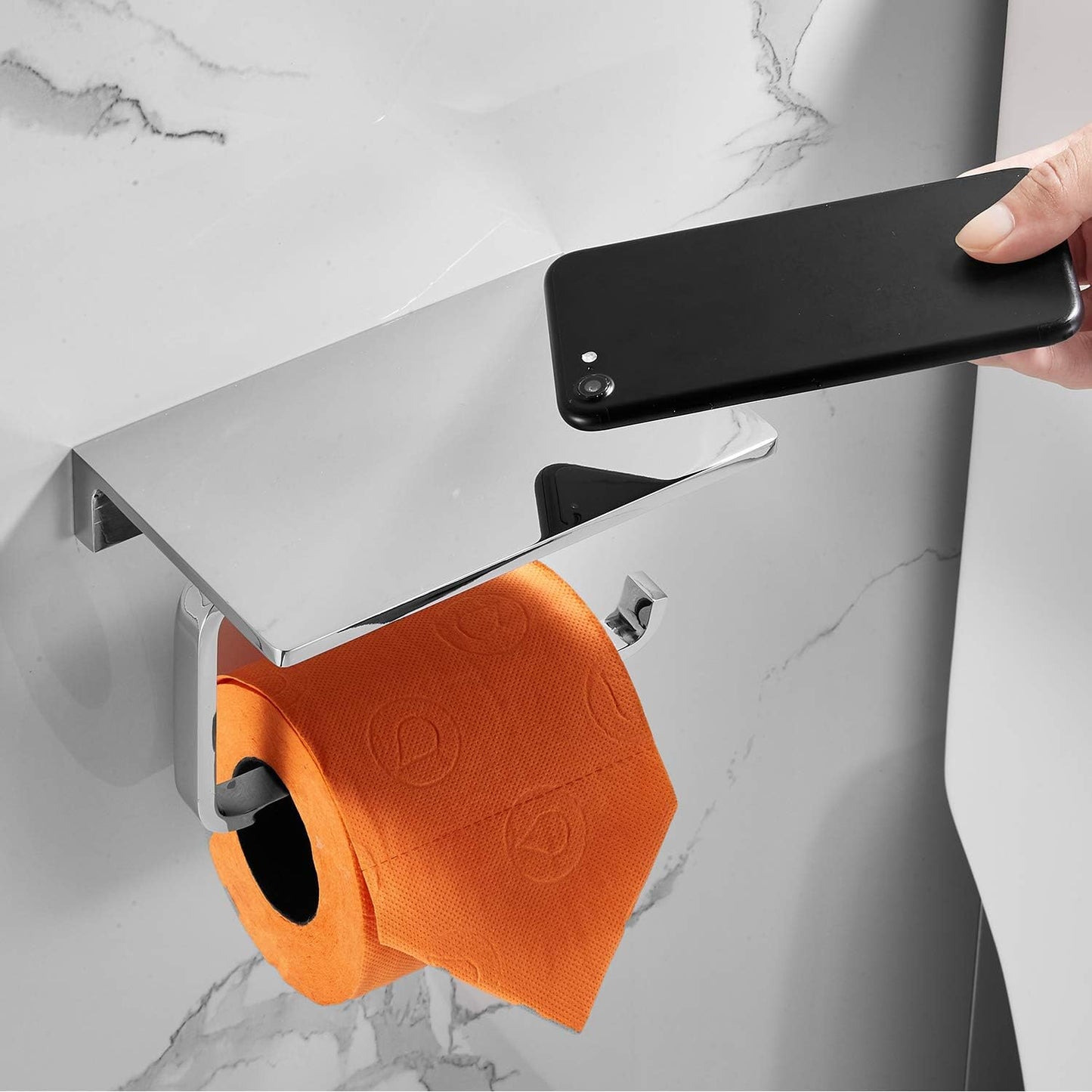 Toilet Paper Holder for Bathroom Solid Brass and Superior Hotel Style Tissue Roll Holder with Cell Phone Storage Polished Chrome Finish