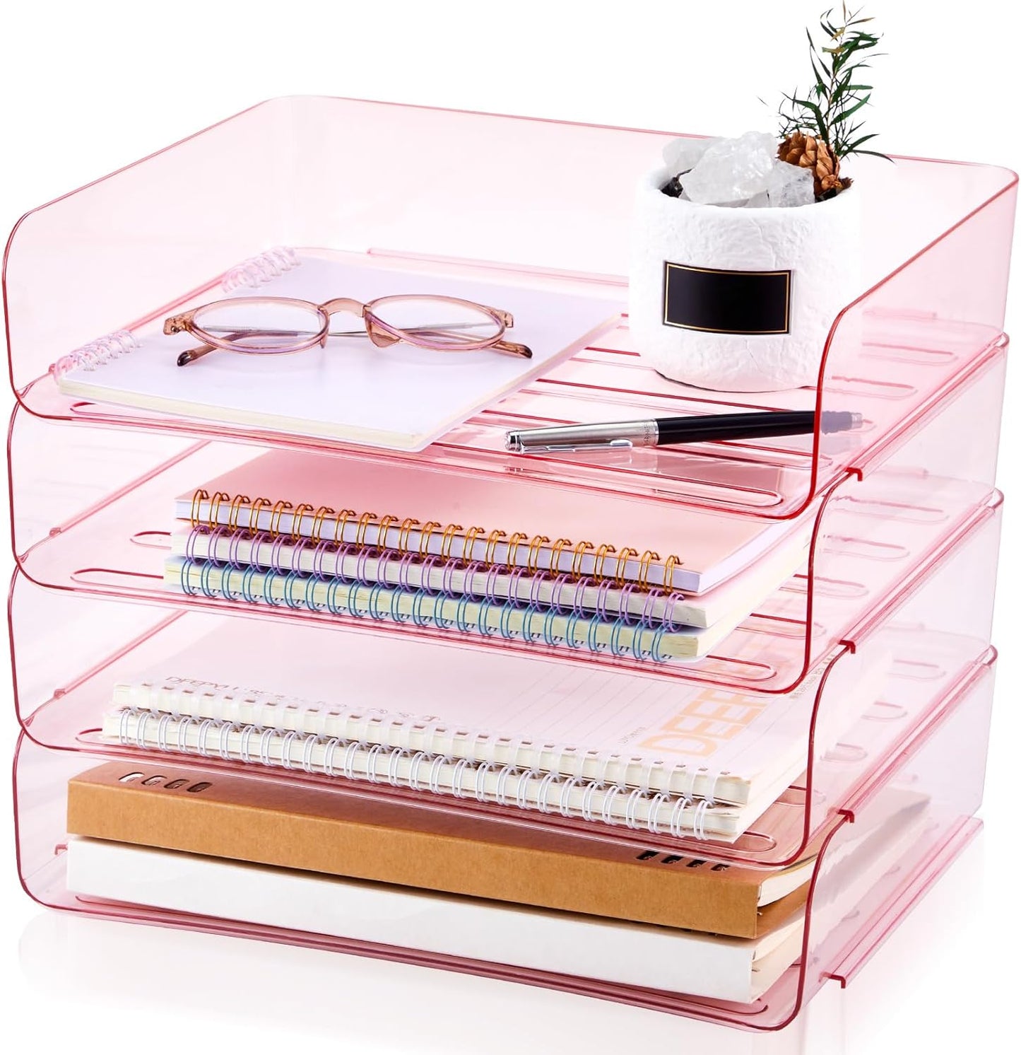 Harloon 4 Tier Acrylic Paper Tray 13 x 9.8 x 3 Inches Stackable Letter Clear Organizer No Need to Assemble Acrylic Paper Organizer File Tray for Office Workspace Desktop Storage (Transparent Pink)