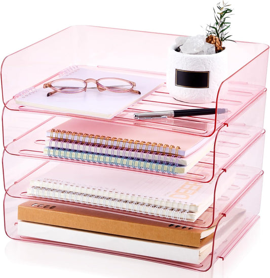 Harloon 4 Tier Acrylic Paper Tray 13 x 9.8 x 3 Inches Stackable Letter Clear Organizer No Need to Assemble Acrylic Paper Organizer File Tray for Office Workspace Desktop Storage (Transparent Pink)