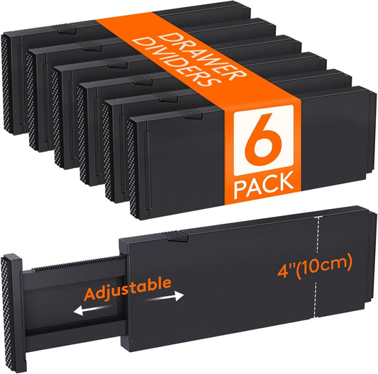 Lifewit 6 Pack Drawer Dividers 4" High, 11-17" Adjustable Drawer Organizers for Clothes, Expandable Dresser Separators in Bedroom/Bathroom/Kitchen/Fridge/Office Organization and Storage, Black