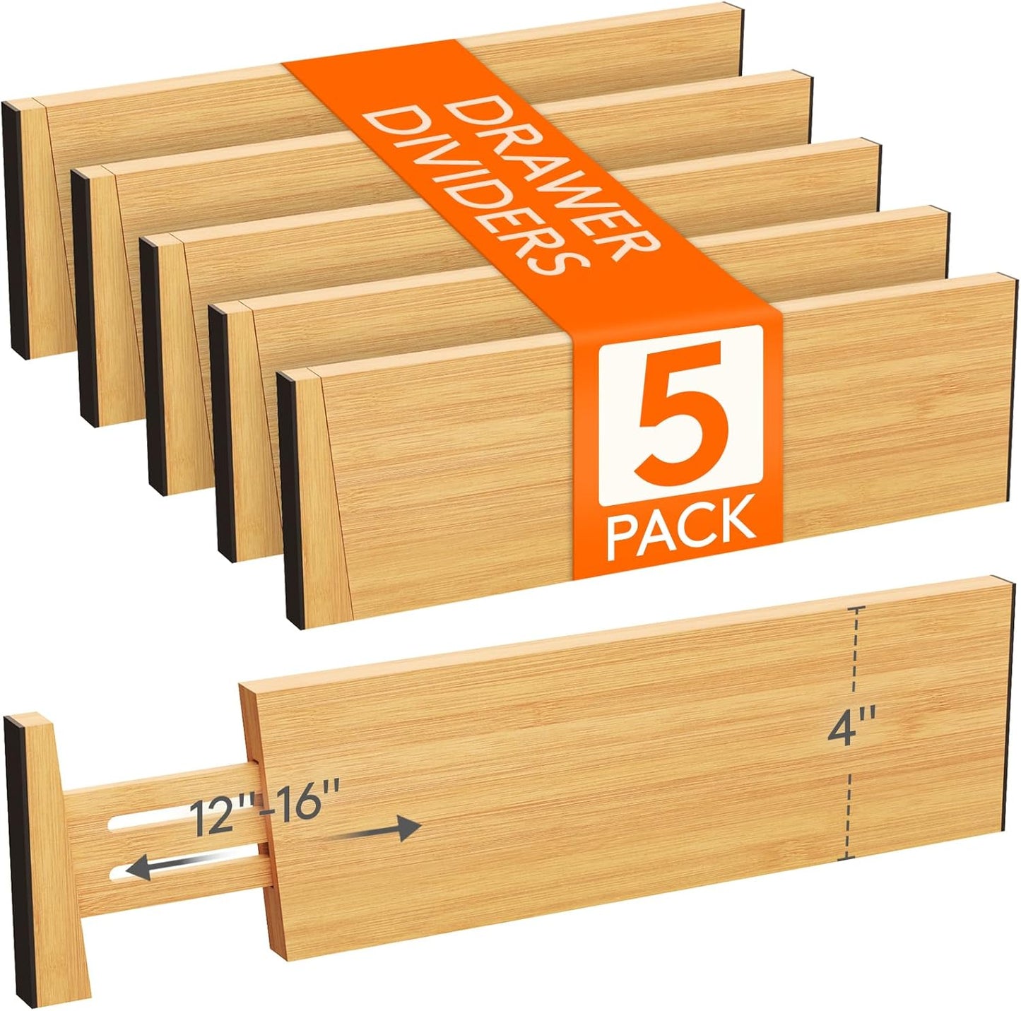 Lifewit 5 Pack 4" High Bamboo Drawer Dividers, 12-16" Adjustable Drawer Organizers for Clothes, Wood Dresser Drawer Divider, Expandable Deep Drawer Separators for Dresser, Kitchen, Bedroom, Bathroom