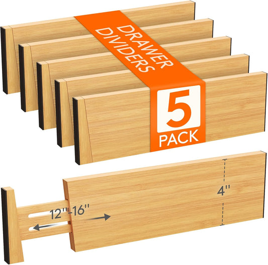 Lifewit 5 Pack 4" High Bamboo Drawer Dividers, 12-16" Adjustable Drawer Organizers for Clothes, Wood Dresser Drawer Divider, Expandable Deep Drawer Separators for Dresser, Kitchen, Bedroom, Bathroom