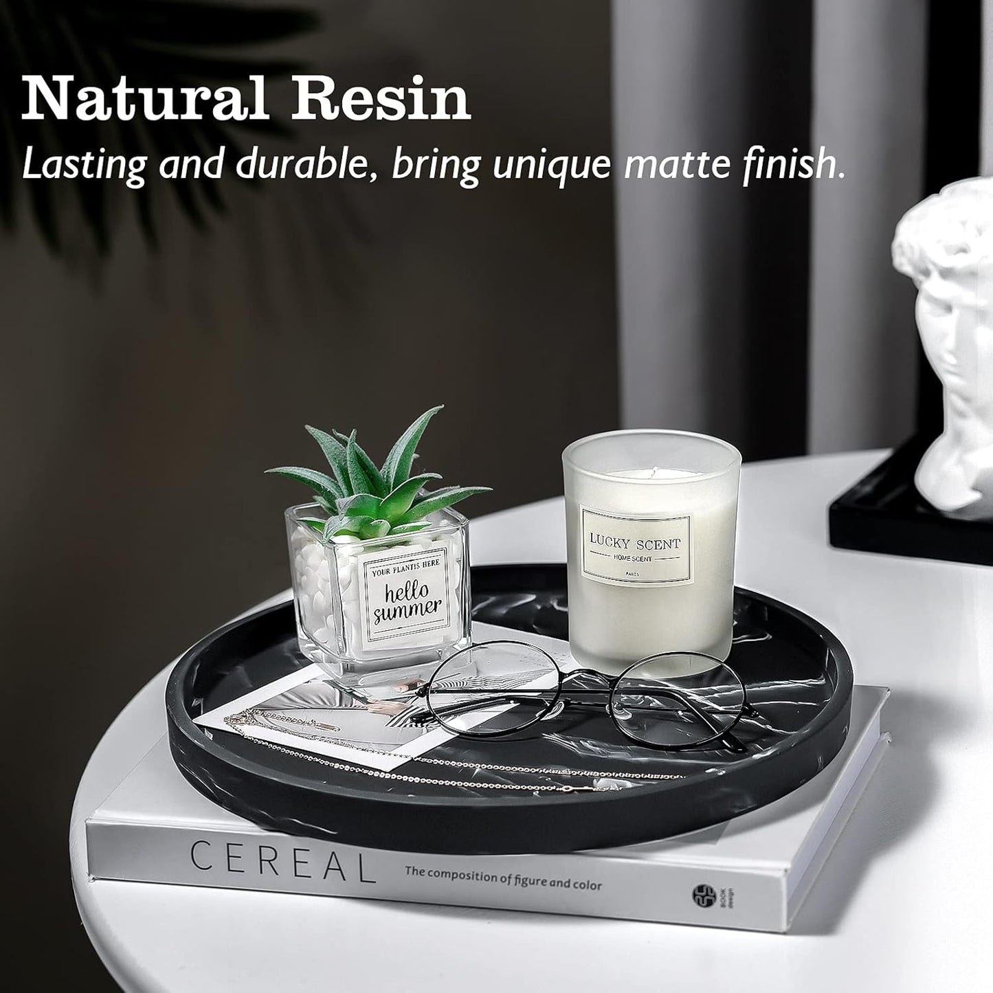 Emibele Vanity Tray, Resin Round Tray Decorative Storage Organizer for Bathroom Toilet Tank Bedroom Kitchen Countertop, Jewelry Storage Dresser Tray for Candle,Lotion Bottle,Cosmetics, Matte Ink Black