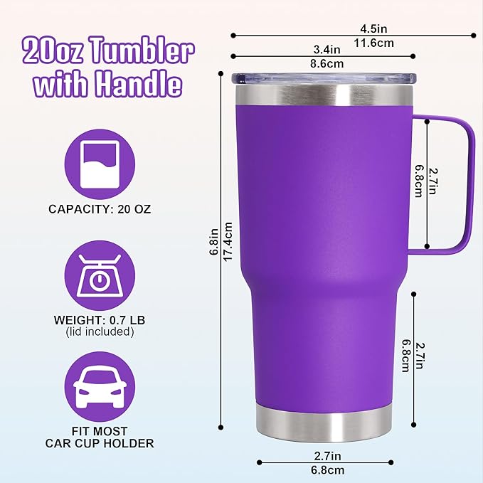 20 oz Tumbler with Handle and Lid, Stainless Steel Tumbler Insulated Travel Coffee Mug, Spill Proof Double Wall Vacuum Tumbler Cup Keep Drink Hot & Cold, Purple, 12 Pack