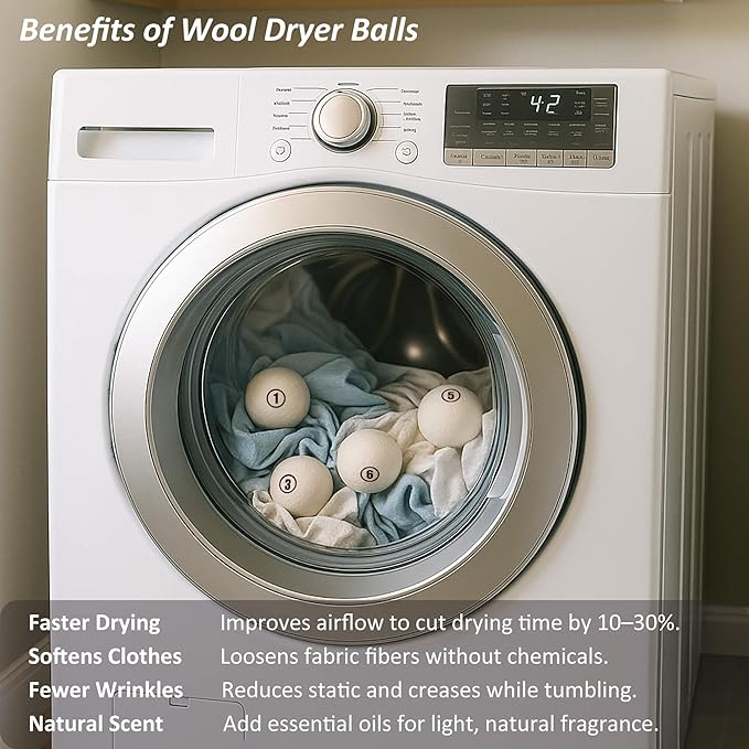Wool Dryer Balls Laundry, L(2.3") 12 Pack, Premium Fabric Softener Ball, Reusable, Anti Static, Chemical Free Natural Wool Balls for Dryer, Laundry Dryer Balls – 100% New Zealand Wool