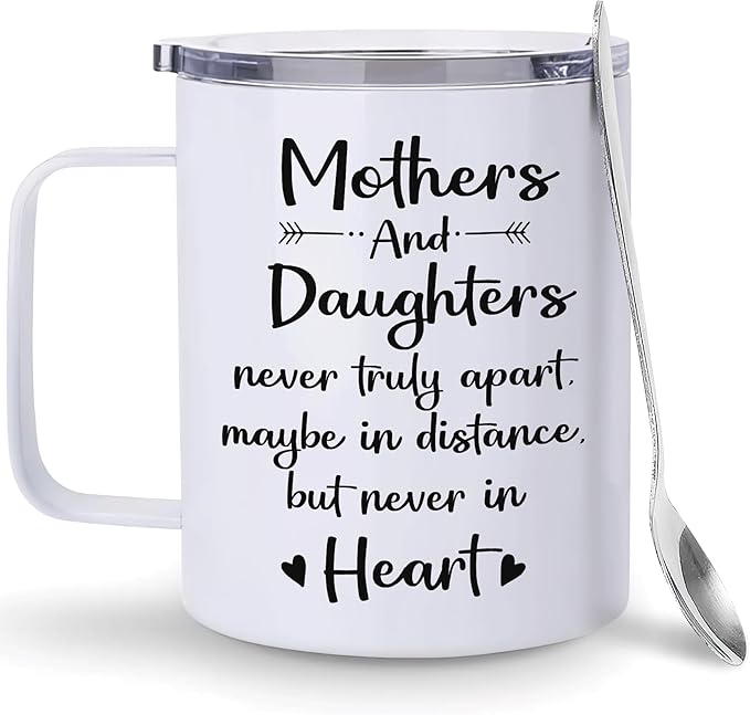Hyturtle Mother Daughter Mug With Lid & Spoon Gifts on Christmas Birthday, 12oz Insulated Stainless Steel, Daughter Gifts from Mom, Mothers & Daughters, Long Distance Gift Ideas Coffee Tea White Cup
