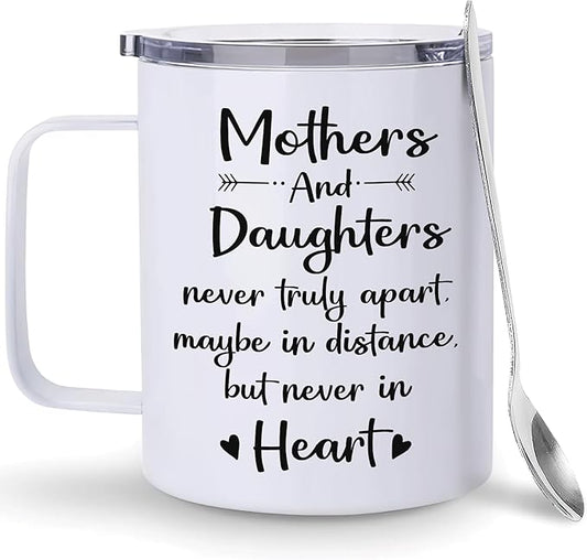Hyturtle Mother Daughter Mug With Lid & Spoon Gifts on Christmas Birthday, 12oz Insulated Stainless Steel, Daughter Gifts from Mom, Mothers & Daughters, Long Distance Gift Ideas Coffee Tea White Cup