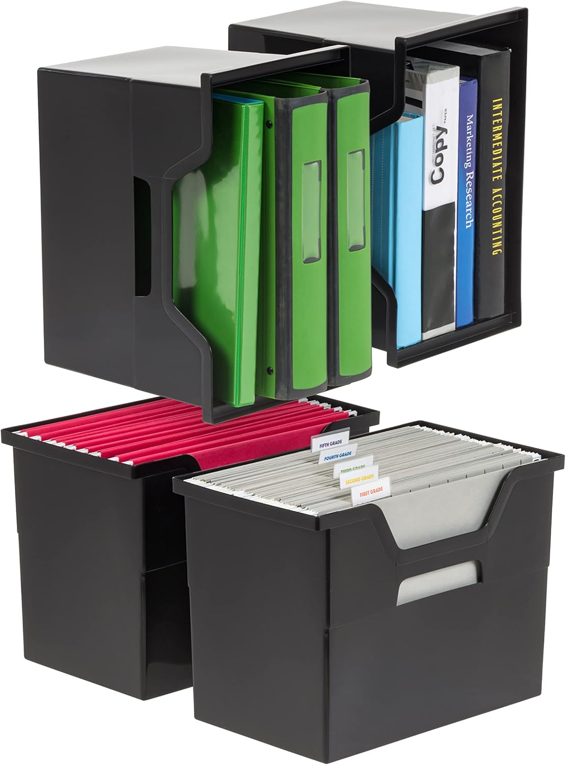 IRIS USA Large Portable Desktop File Box with Open Lid, 4 Pack, Side Handles, Hanging File Folders, Tabs & Inserts, Letter Size, Magazines, Newspapers, Mail, Books, Notebooks, Black