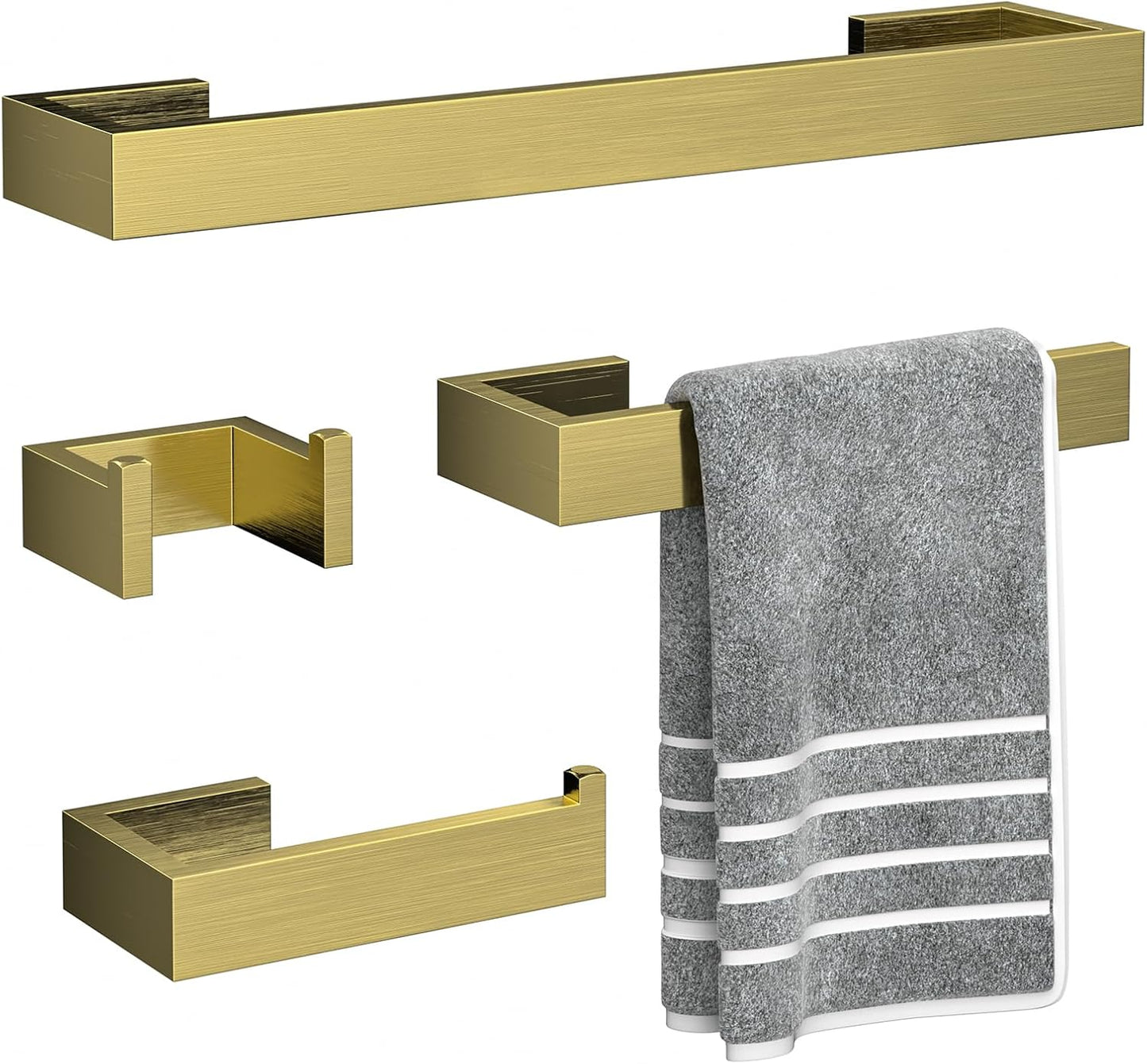 4 Pcs SUS304 Stainless Steel Bathroom Accessories Set, 24" Towel Bar, Towel Holder, Toilet Paper Holder, Robe Hook, Minimalist Design for All Styles Bathrooms (Gold)