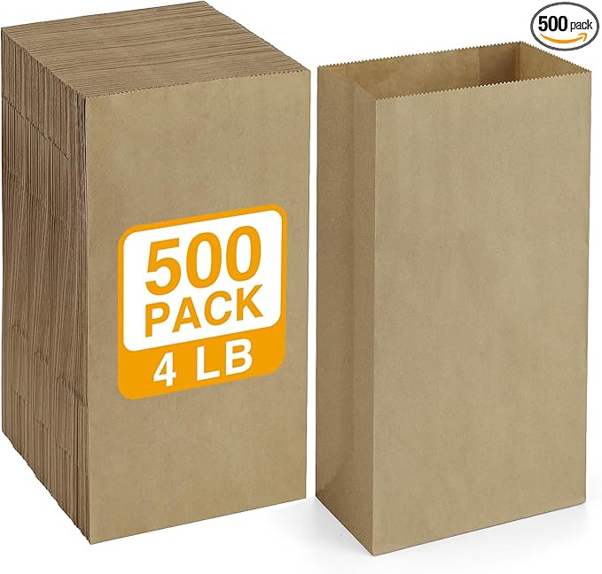 BagDream 500 Pack #4 Standard Lunch Bags, Natural Brown Kraft Paper Lunch Sacks Bulk for Snacks, Sandwich, Crafts, Party Favor Paper Bags 4 lb Capacity