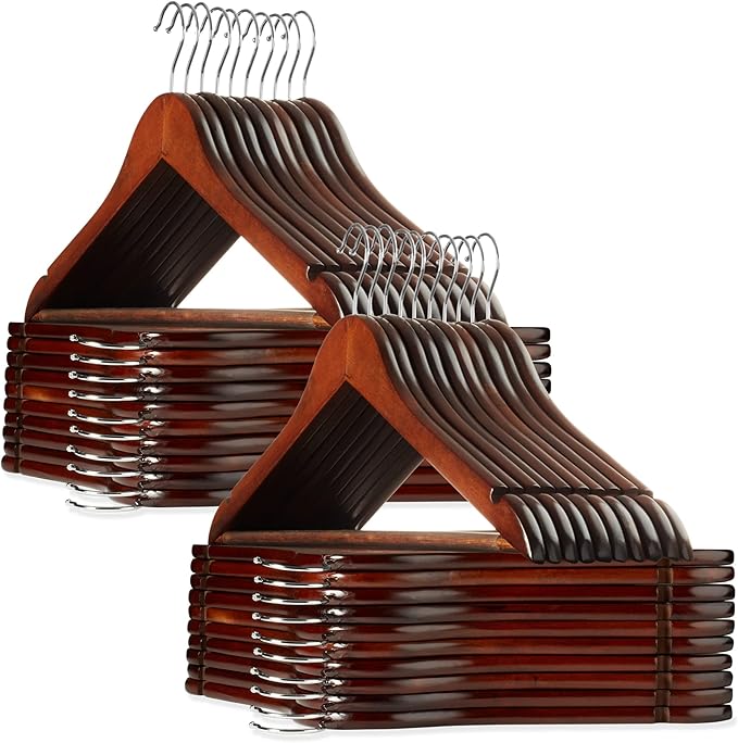 Casafield - 40 Walnut Wooden Suit Hangers - Premium Lotus Wood with Notches & Chrome Swivel Hook for Dress Clothes, Coats, Jackets, Pants, Shirts, Skirts