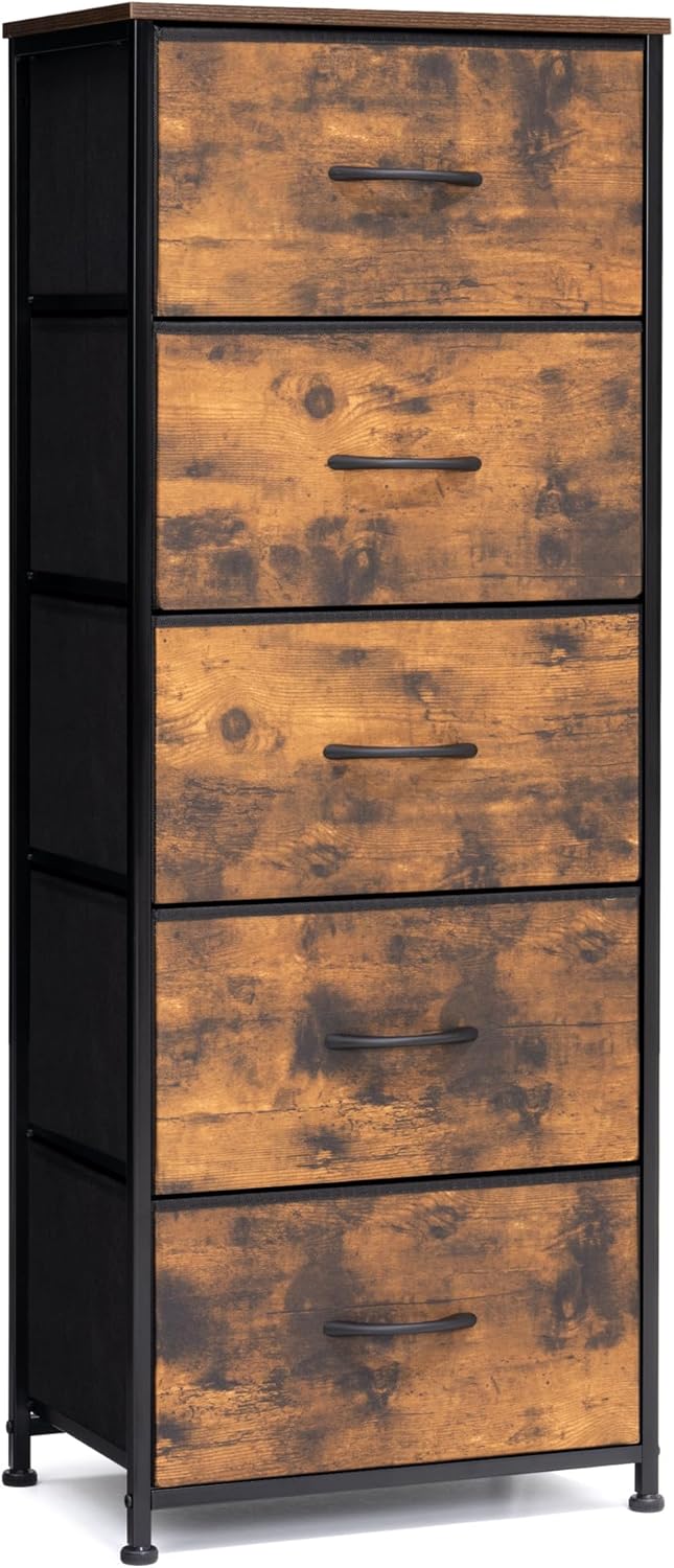 Crestlive Products Vertical Dresser Storage Tower - Sturdy Steel Frame, Wood Top, Easy Pull Fabric Bins - Organizer Unit for Bedroom, Hallway, Entryway, Closets - 5 Drawers(Rustic Brown)