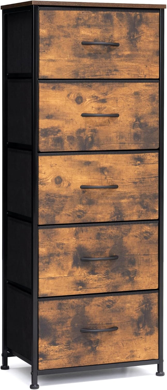 Crestlive Products Vertical Dresser Storage Tower - Sturdy Steel Frame, Wood Top, Easy Pull Fabric Bins - Organizer Unit for Bedroom, Hallway, Entryway, Closets - 5 Drawers(Rustic Brown)