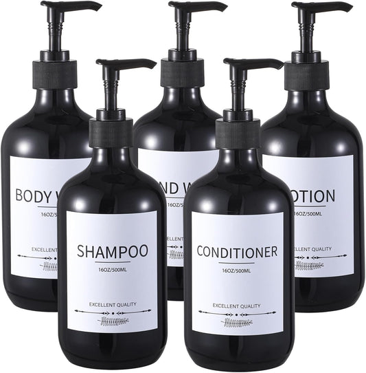 Stylish Shampoo Dispenser Bottles,(5Pack)16.9oz Black Shampoo Bottles Refillable with Pump,Shampoo and Conditioner Dispenser
