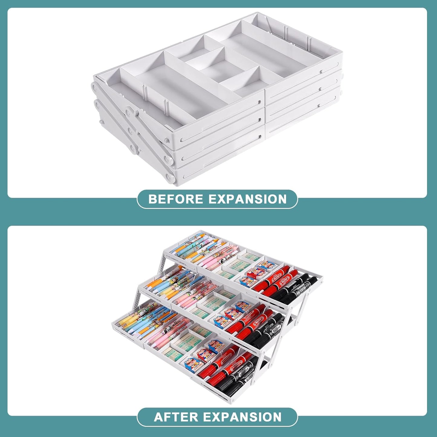 Aobiono Multi Level Smart Drawer Organizer, Multi Tier Expandable Storage Collapsible Foldable Trays for Jewelry, Cosmetics, Makeup, Tools, Battery (White, Single Row - 3 Levels)