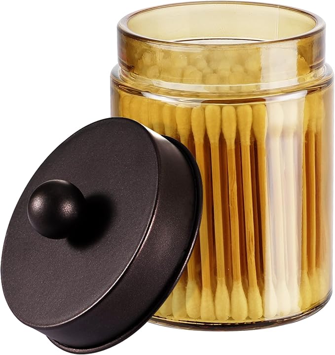 Amolliar Bronze Glass Apothecary Jar With Metal Lid & Stickers, Bathroom Qtip Dispenser Storage Canister, Perfect for Cotton Balls, Cotton Swabs, Makeup Pads, Bath Salt, Floss, 1 Pack (Bronze)