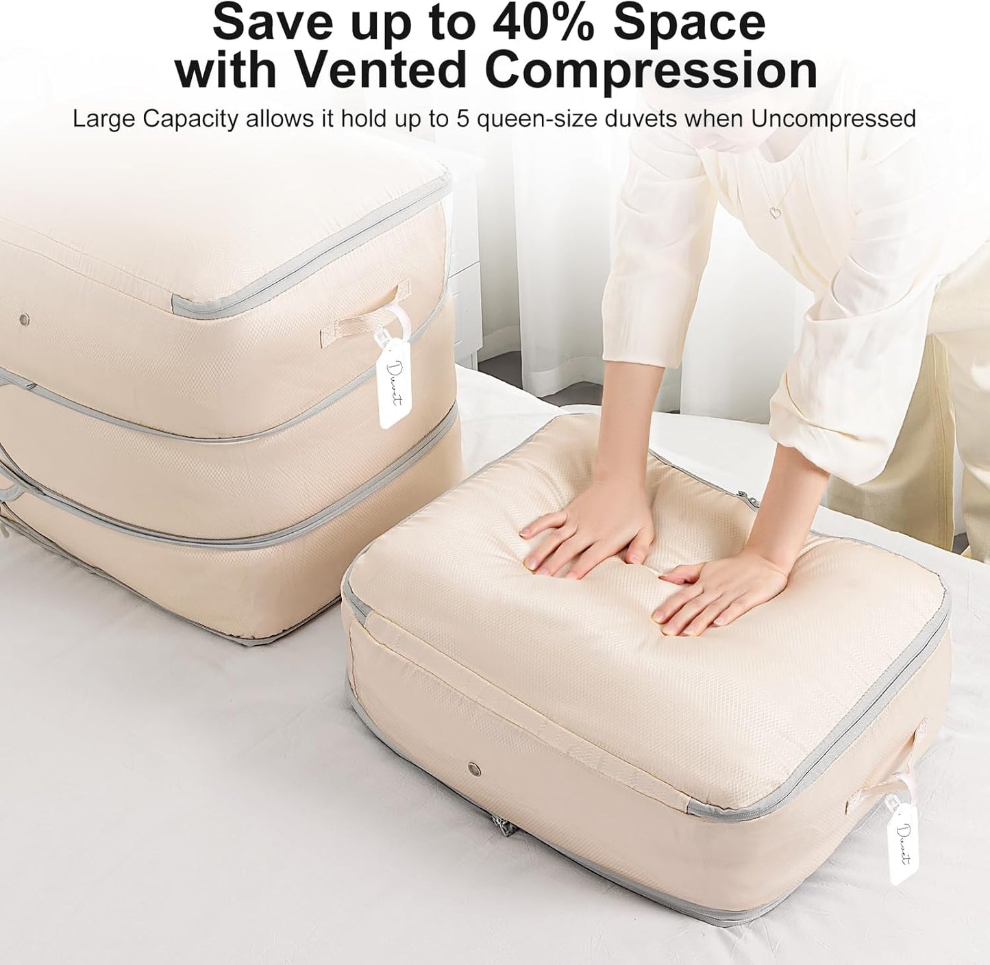 Comforter Storage Bag - Large Capacity Blanket Storage Bags 3-Layer Ultra Space Saving Self Compression Organizer, Washable Compression Bags for Storage Comforter Blanket, 2-Pack, Beige