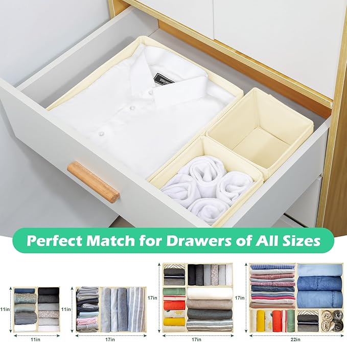 Drawer Clothing Organizer 16-Pack, Beige 3-Size Underwear Drawer Dividers, Fabric Folding Wardrobe Organizer for Baby Clothes, Bras, Underwear, Panties, Belts, Socks, Ties, etc.