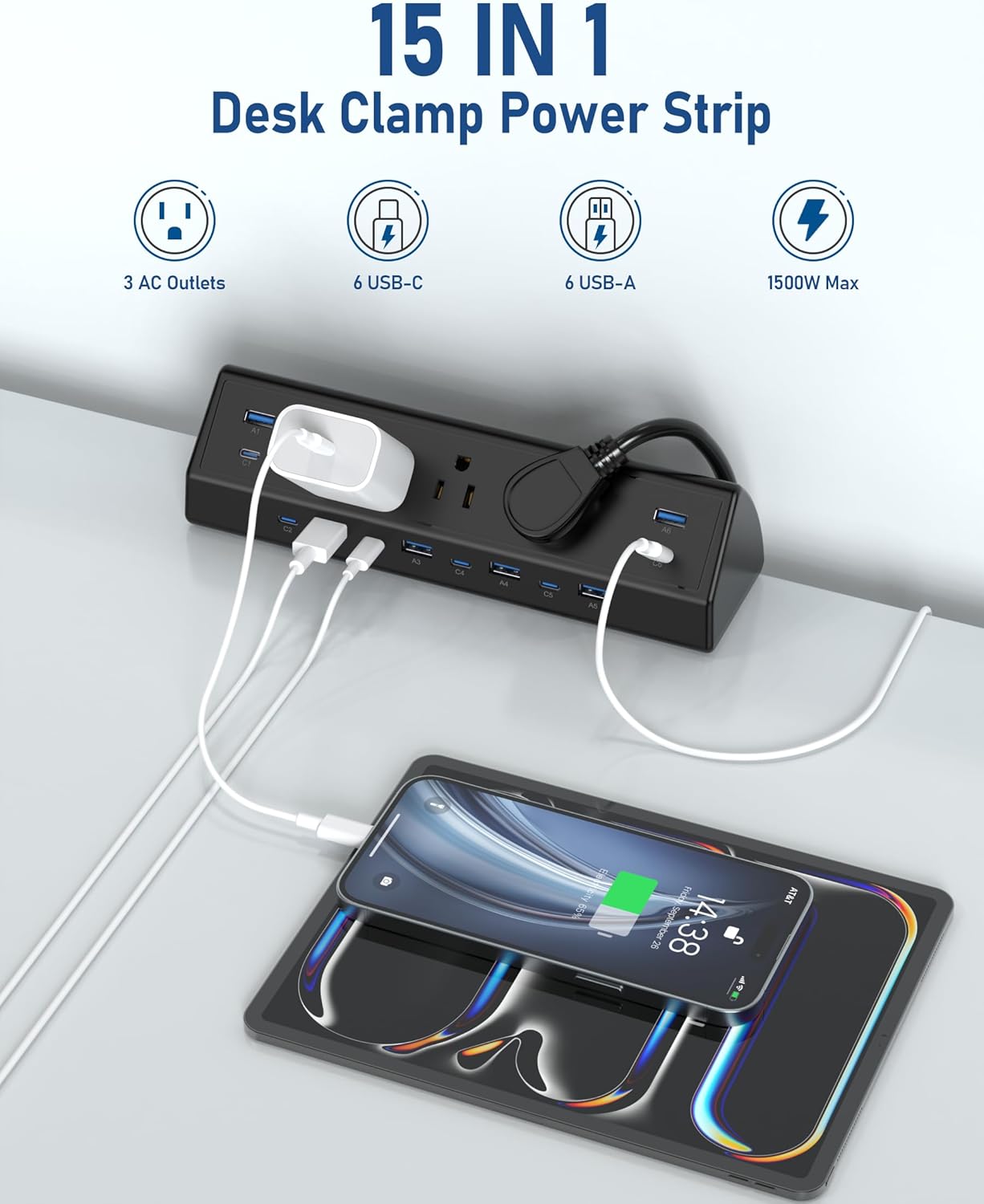 Jgstkcity 130W Desk Clamp Power Strip, 12 USB Ports (6 PD 65W USB-C),Surge Protector,ETL Listed Power Hub Extension Cord,Fast Charging Station for Home Office Desk Edge Mount (Black, 12 USB-130W)