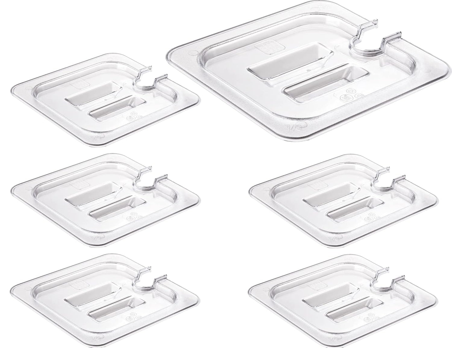 CURTA 6 Pack Food Pan Lids, 1/6 Size Polycarbonate Notched Cover with Handle, Plastic Clear