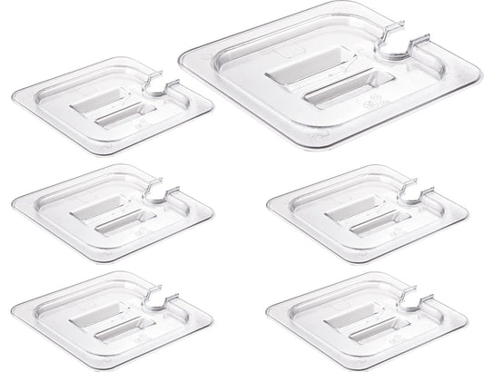 CURTA 6 Pack Food Pan Lids, 1/6 Size Polycarbonate Notched Cover with Handle, Plastic Clear