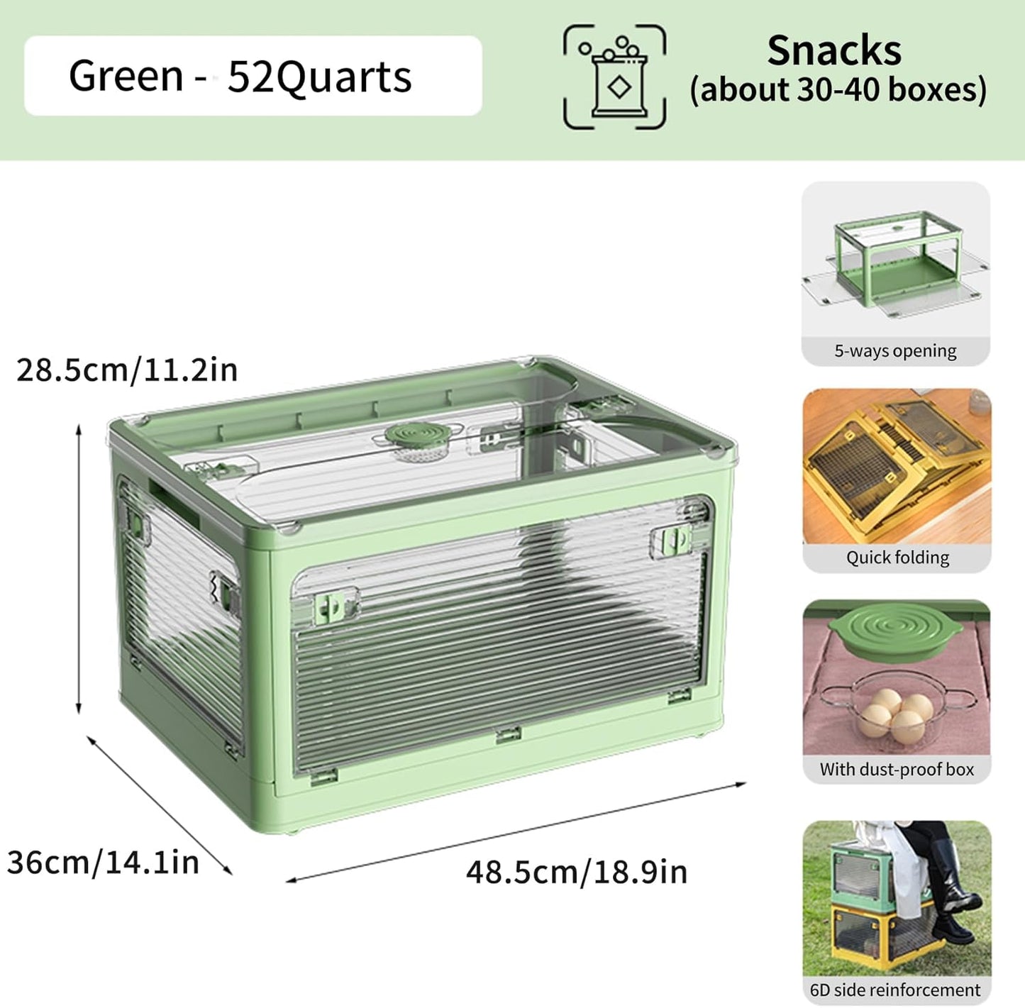 3 PACK Stackable Storage Bins, 50 Liters Closet Organizers with 3 Lids, Wheels, Drawers, Foldable Collapsible Box for Clothes and Camping Out Doors Bins, Green