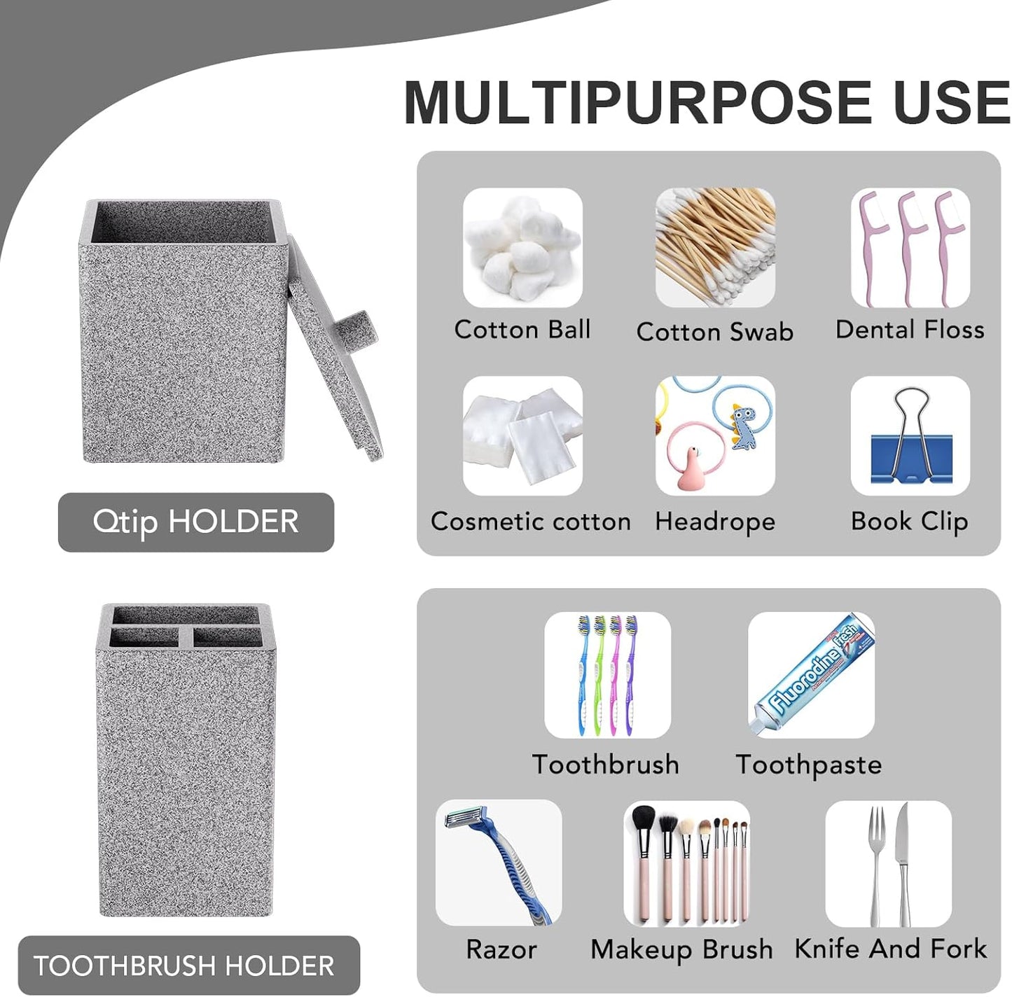 Gray Bathroom Accessories Set Resin 6PCS, Square Toothbrush Holders Set Complete with Soap Dispenser, Vanity Tray, Tumbler, Cups and Cotton Swab Jars for Counter, Sink or Small Spaces