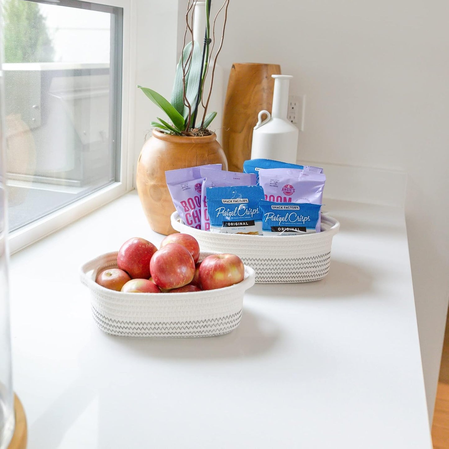 NaturalCozy 5-Piece Rectangle Storage Basket Set- Natural Cotton Rope Woven Baskets for Organizing! Small Basket for Montessori, Baby Nursery, Dog Toy Baskets, Cat Toy Box, Bathroom Organization Bin