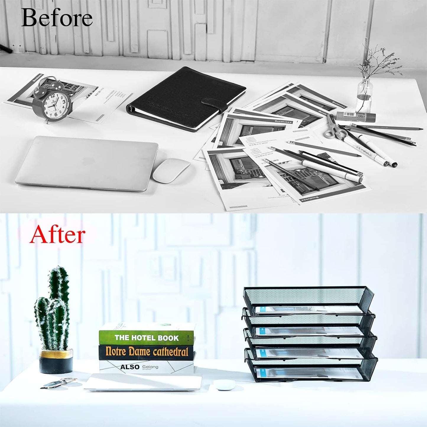 SETTFRFE 4 Tier Metal Mesh Desk Organizer-Stackable Letter Trays for Office Supplies,Black File Storage System with Reinforced Edges