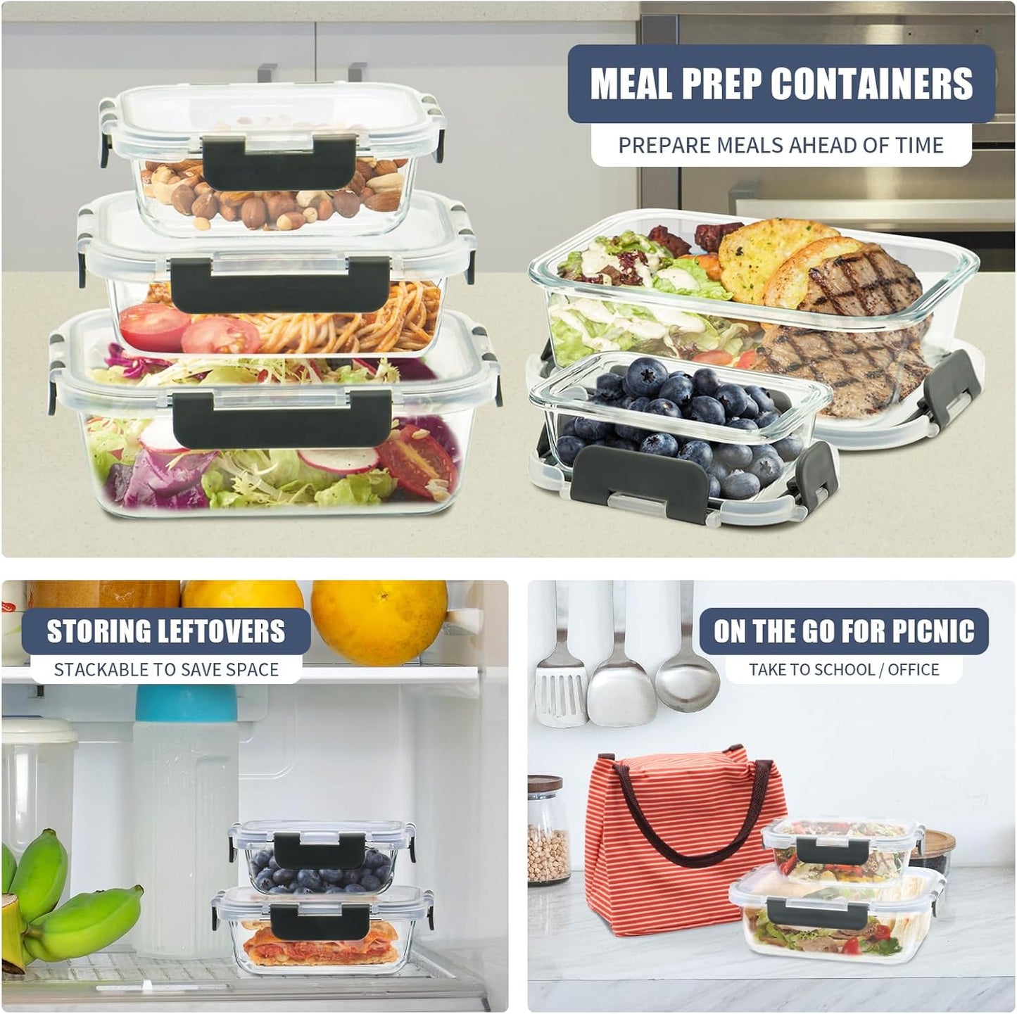 12 Pack Glass Food Storage Containers, Glass Storage Containers with Lids for Meal Prep, Lunch, Airtight, Freezer to Microwave Safe (12 Lids & 12 Containers)