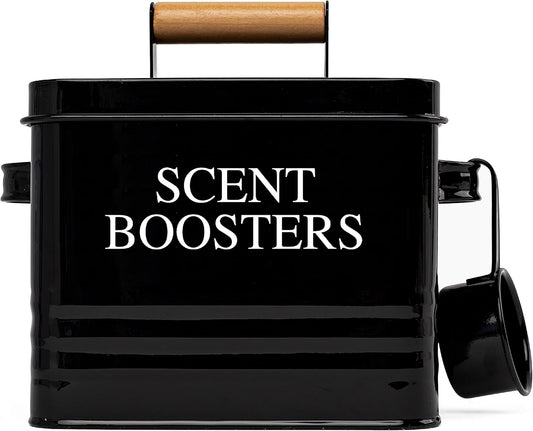 Calindiana Modern Farmhouse Metal Laundry Scent Booster Beads Dispenser Container with Scoop for Laundry Room Decor and Accessories and Space Saving Laundry Room Organization and Storage, Black