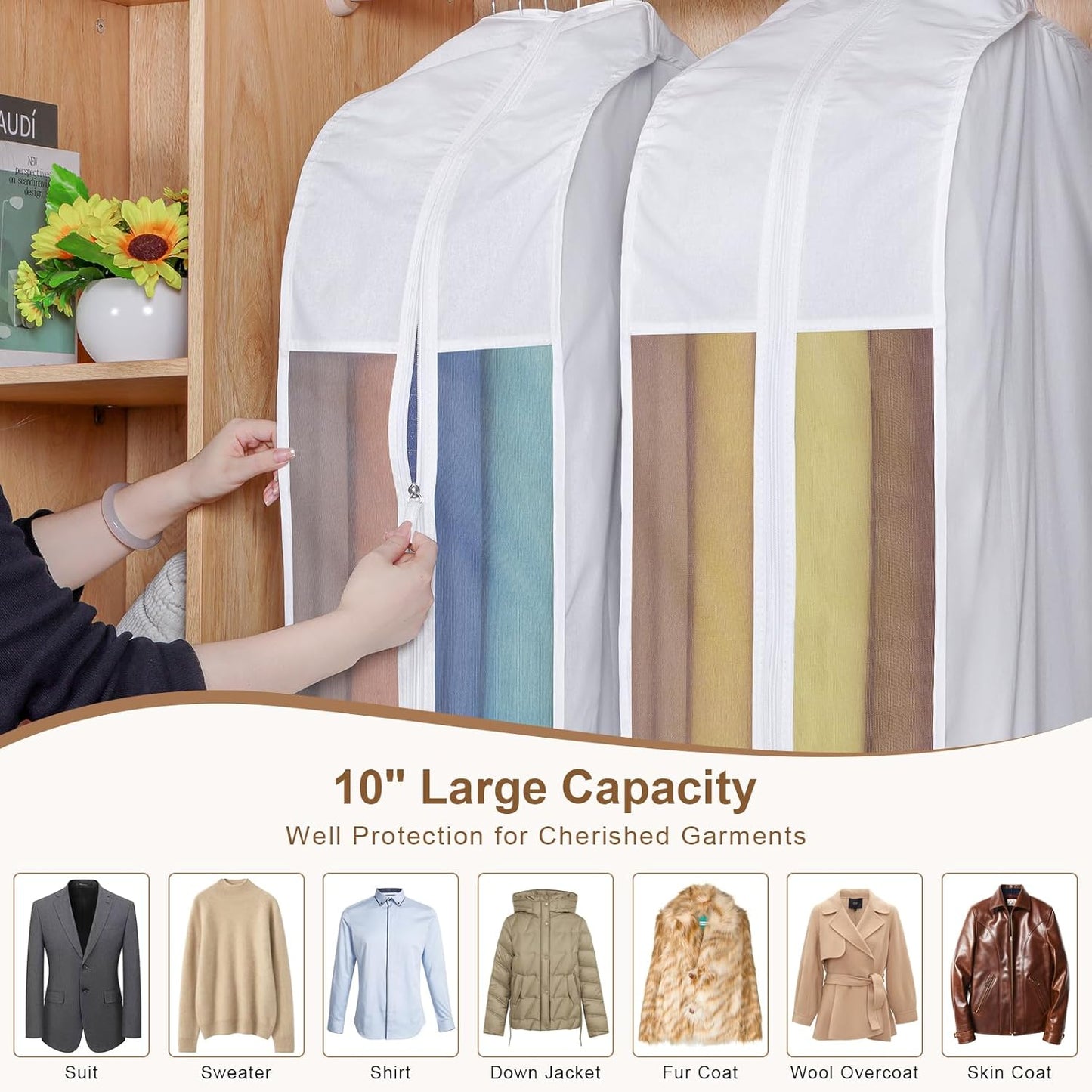 Kntiwiwo 43" Cotton Garment Bag for Hanging Clothes and Storage, Breathable Suit Bags for Closet Storage with 10" Gusseted & Large Clear Window for Suits, Short Dresses, Jackets, Sweaters, 1 Pack