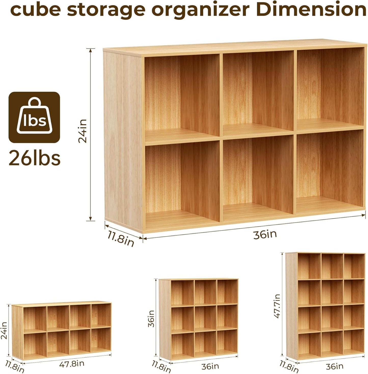 Cube Storage Organizer with Back Panel, 11" x 11" Cubby Shelf, Bookshelf for Home Office, Living Room, Bedroom (Natural, 6-Cube)