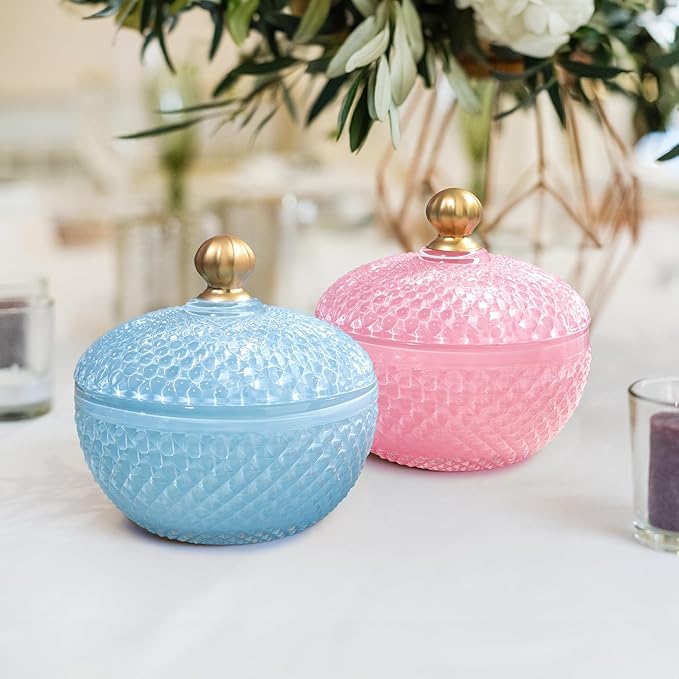 Joeyan 12 oz Small Pink Glass Jewelry Box Jars with Lid,Embossed Glass Candy Dishes,Diamond Faceted Food Container,Decorative Apothecary Canisters,Colored Kitchen Bathroom Buffet Storage Organizer