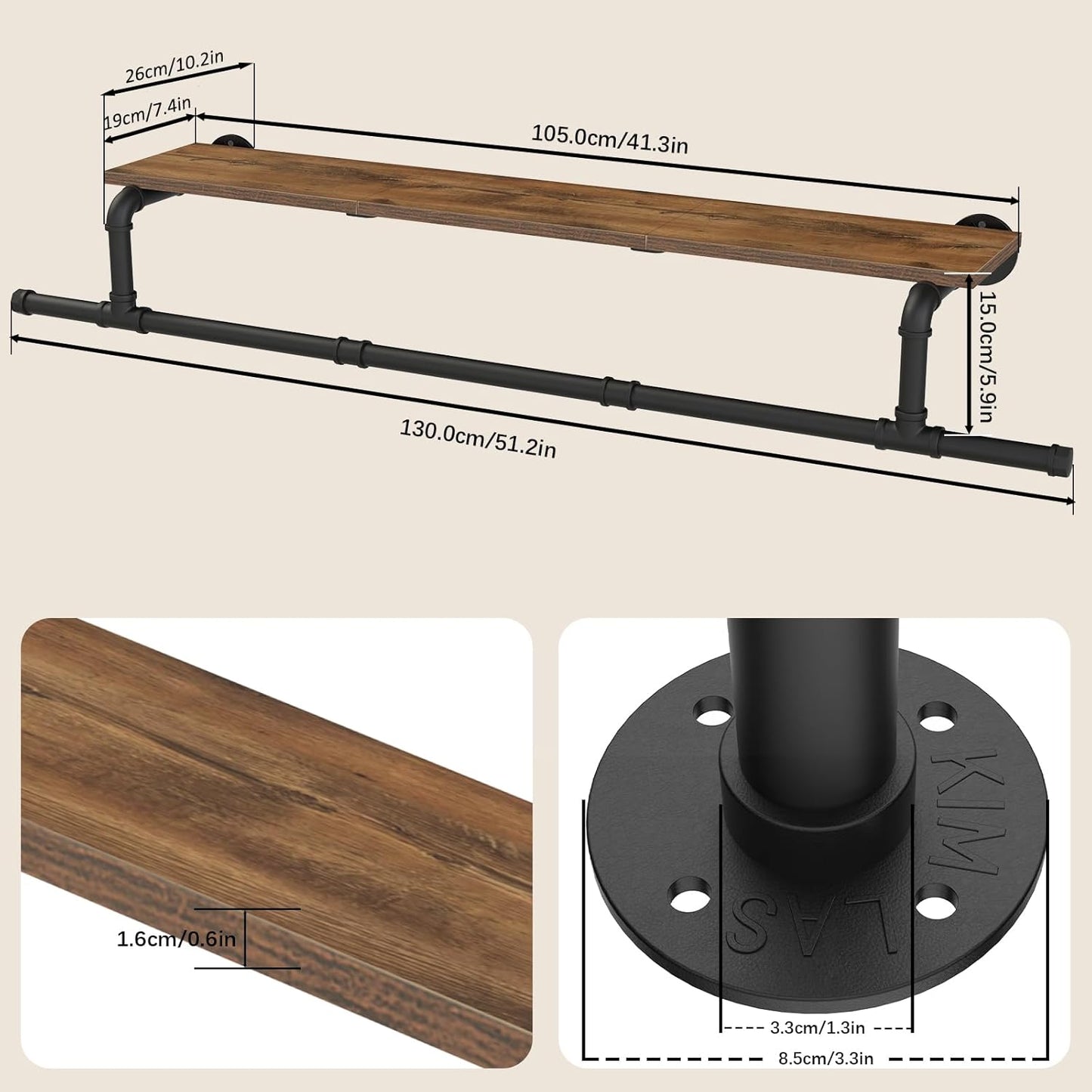 Wall Mounted Clothes Rack with Top Shelf, Space Saver Industrial Pipe Shelving, Heavy Duty Iron Closet Poles, Extension at Both Ends, 51.2×10.2×5.9 Inch, Black