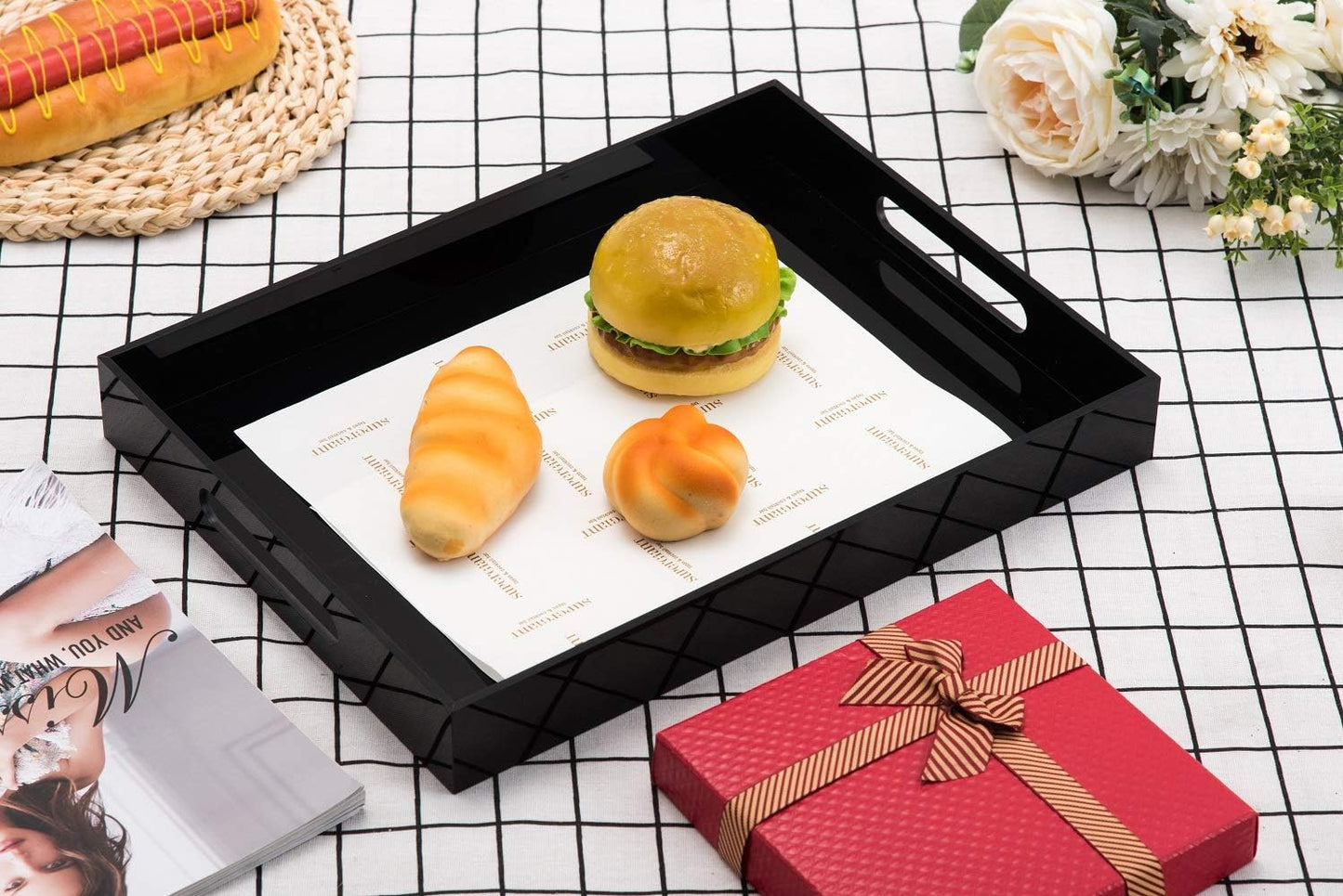 Glossy Black Sturdy Acrylic Serving Tray with Handles - 10x15 Inch, Coffee, Appetizer, Breakfast Tray - Butler, Kitchen to Vanity Table, Decorative