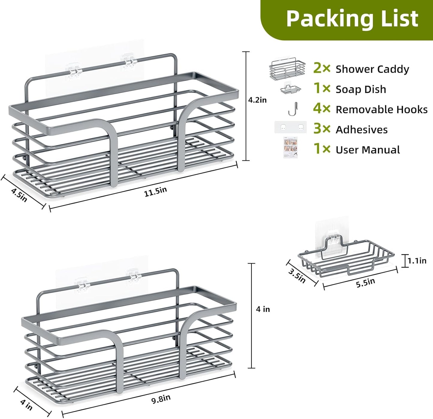 Shower Caddy 3 Pack, Adhesive Shower Shelf Organizer Rack, Rustproof Stainless Steel Bathroom Organizers and Storage, Large Capacity Wall Mounted No Drilling Bathroom Accessories