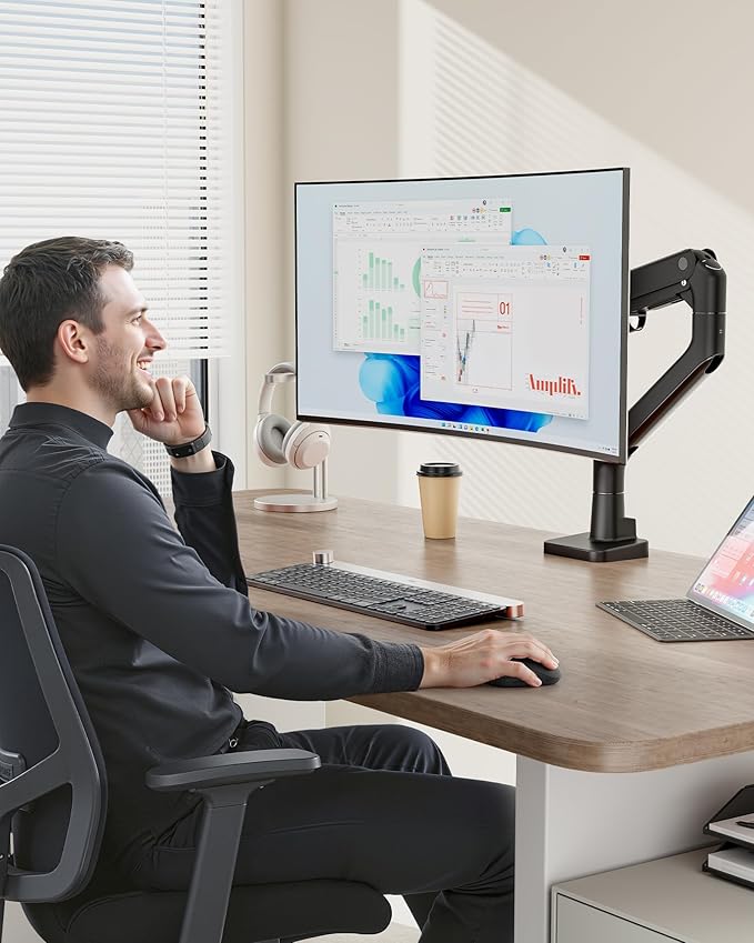 monTEK Heavy-Duty Monitor Arm for 17-57" Ultrawide Curved Screen, Supports up to 59.4 lbs, Adjustable Gas Spring Arm, 75/100 VESA Mount, Clamp & Grommet Desk Monitor Mount Single, Black