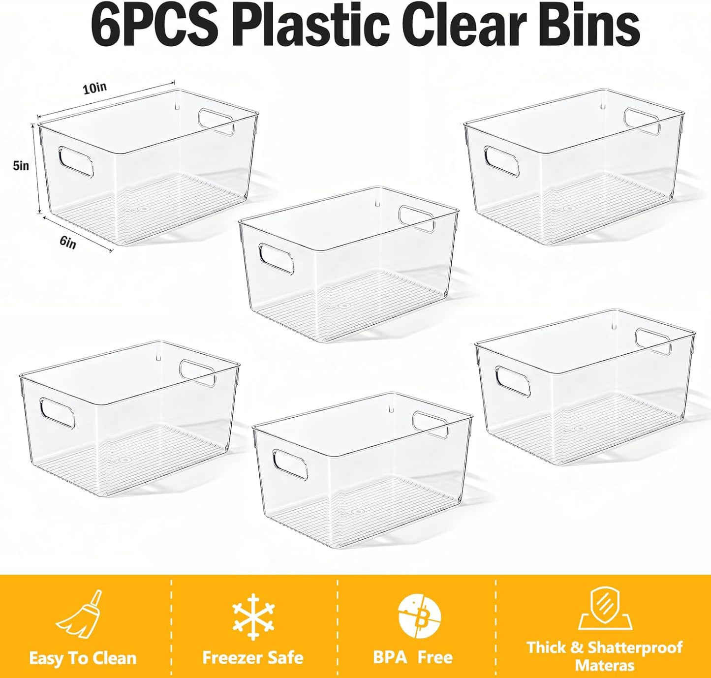 Clear Pantry Organizer Bins, Storage Containers & Plastic Containers with Handle, Cabinet Organizer, Home Organization Must Haves for Kitchen, Laundry Room, Office, Closet & Freezer (6 Pack)