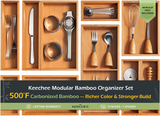 10-Piece Bamboo Drawer Organizer Set, 2.2" Deep Multi-Use Organizers for Utensils, Silverware, Cutlery, Desk, Bathroom, Junk Drawer & Makeup, Non-Slip Feet Included.