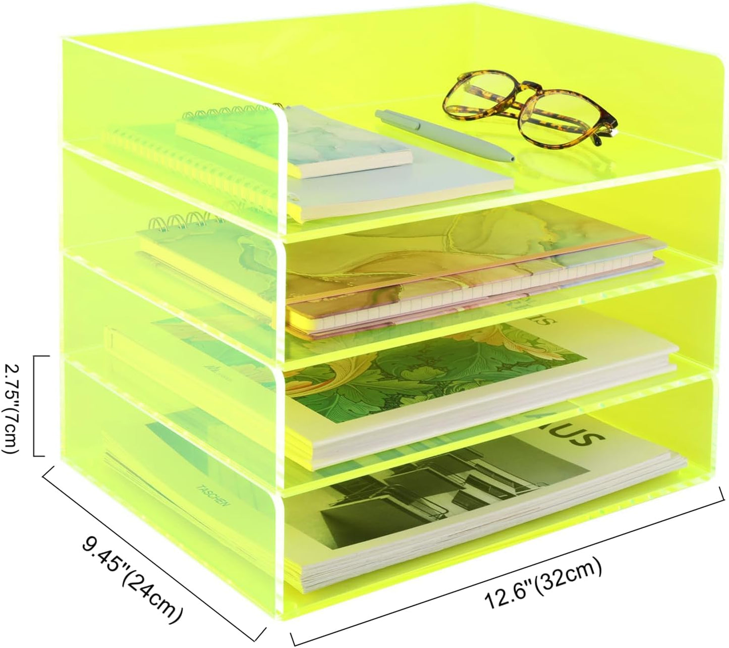 Acrylic File Organizer for Desk 4 Tiered Stackable Letter Tray Office Paper Storage Desktop Document Sorter, Neon Green