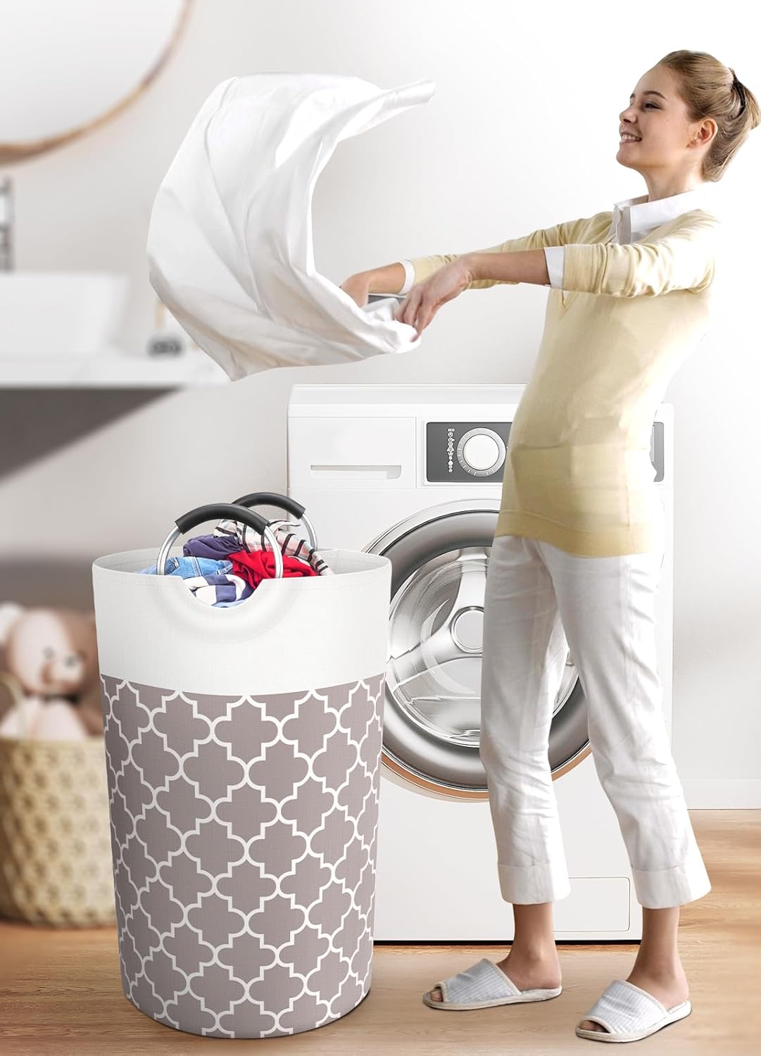 Large Laundry Basket Laundry Hamper Bag Washing Bin Clothes Bag Collapsible Tall With Handles Waterproof Travel Bathroom College Essentials Storage For College Dorm, Family (Khaki)82L