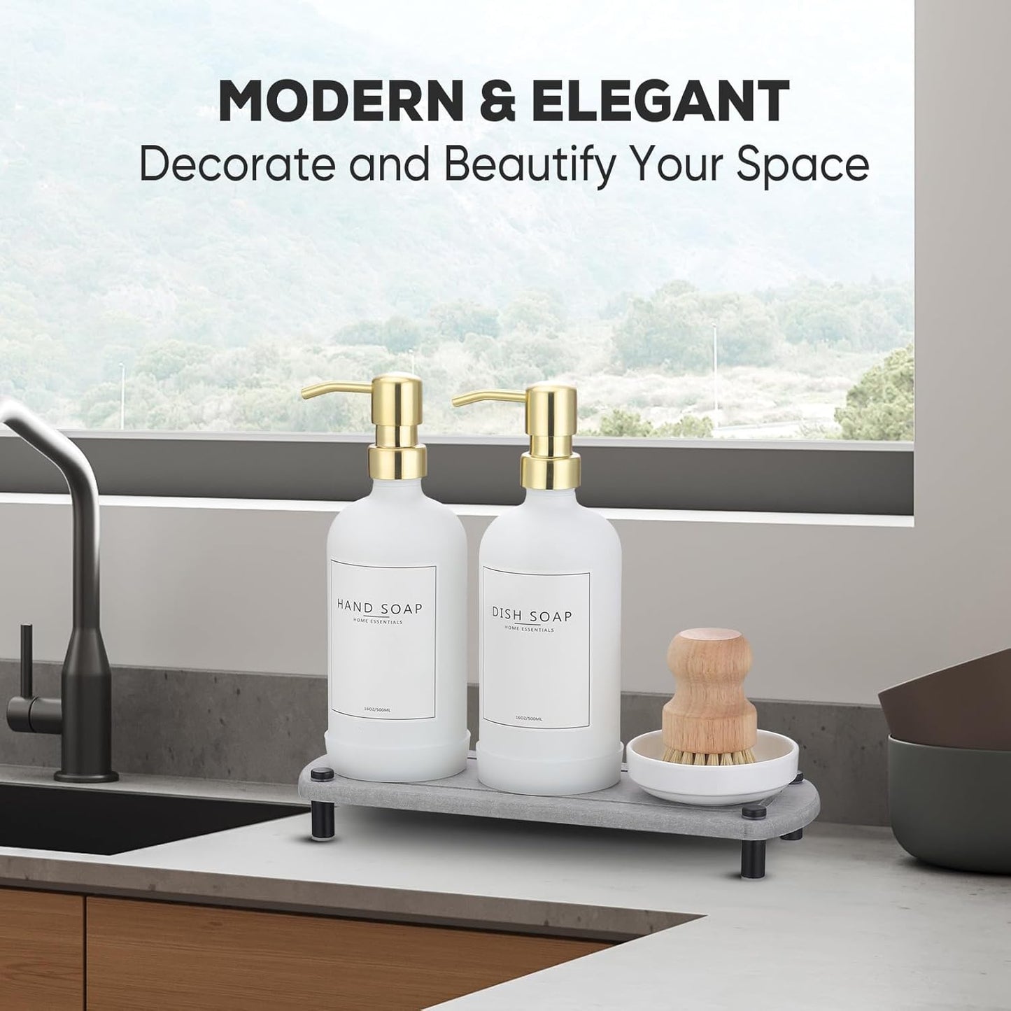 Kitchen Soap Dispenser Set with Instant Dry Tray,16 Oz Hand and Dish Soap White Glass Dispenser Set,Stainless Steel Pump,Waterproof Labels&Dish Brush,Luxury Soap Bottle for Kitchen,Bathroom