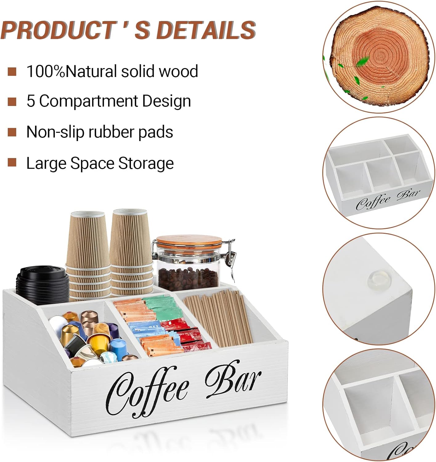 ugiftt Coffee Station Organizer for Counter, Wood Coffee Pods Holder Storage Basket, Tea Condiment Storage Organizer, Rustic Wood Bar Decor for Accessories