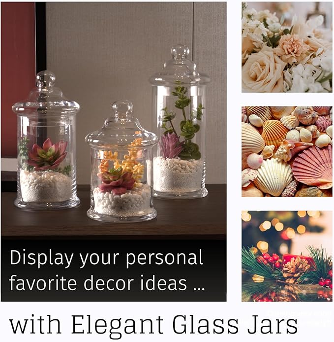 Set of 3 Glass Apothecary Jars with Lids, Clear Bathroom Storage Organizer Canister Set for Qtips, Cotton Swabs, Cotton Balls, Bath Salts (H: 11", 8.5", 7.5", D: 5"; 23 FL.OZ, 34 FL.OZ and 45 FL.OZ)