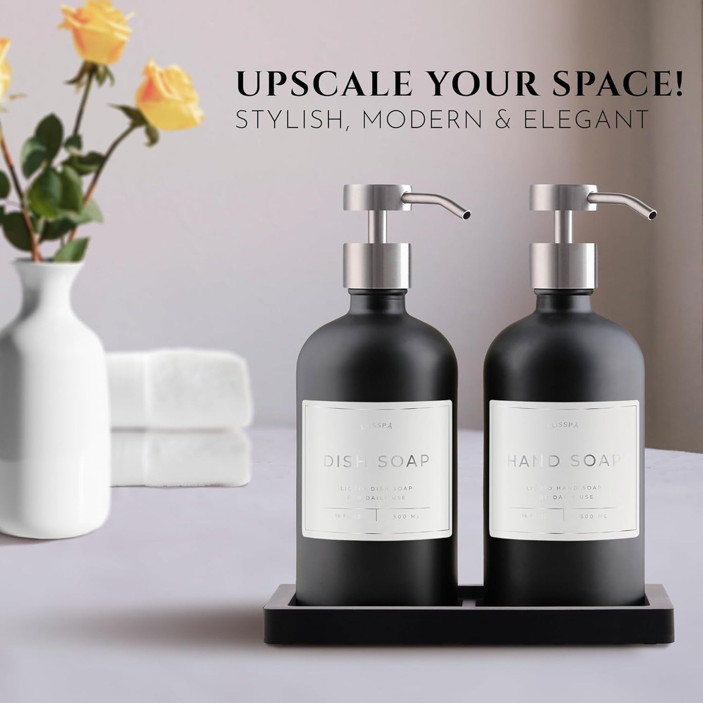 Lotion, Hand & Dish Soap Dispenser for Kitchen Sink - Bathroom Soap Dispenser Set of 2 16.8 Oz Glass Bottles with Stainless Steel Pump, 15 Water Proof Labels & Silicon Tray (Black/Silver)
